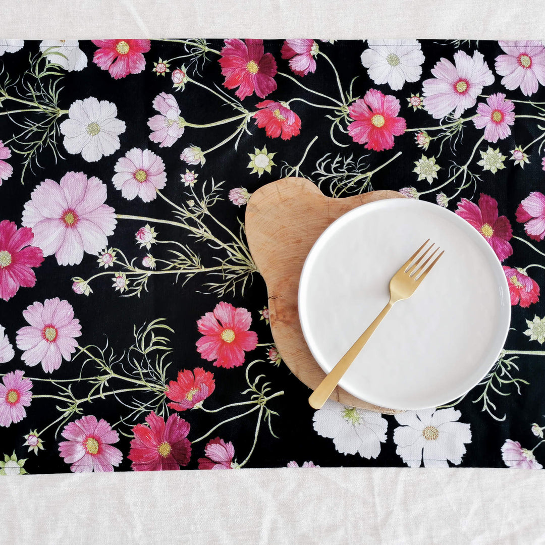 CoralBloom Studio Cosmos on black table runner