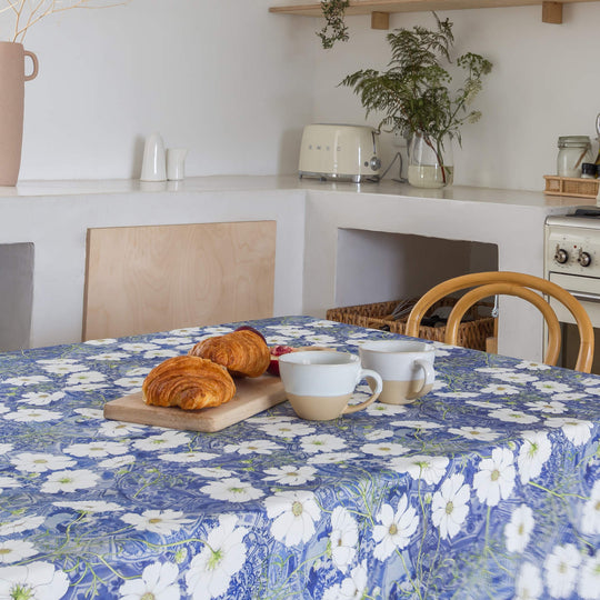 CoralBloom Studio Functional art tablecloth Cosmos and Delft