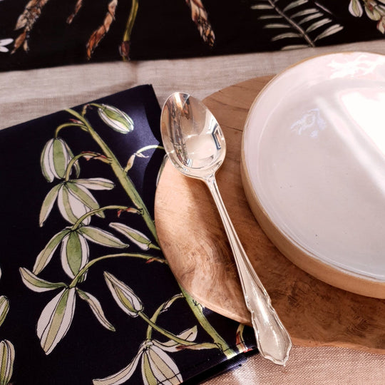 CoralBloom cotton napkin sets printed with greenery botanical on black