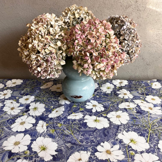 CoralBloom Studio Functional art tablecloth Cosmos and Delft