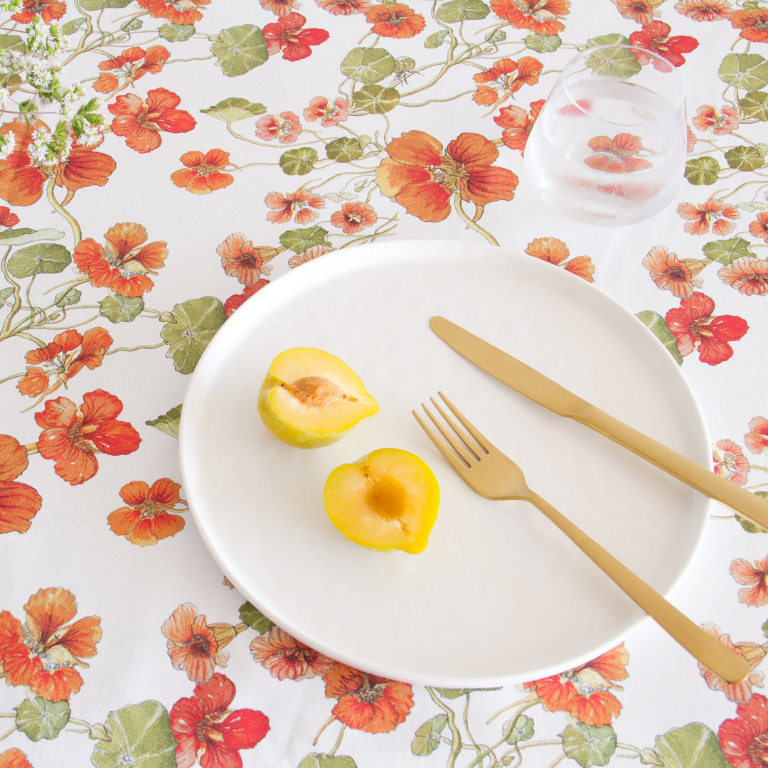 CoralBloom Studio Cotton Tablecloth Functional art Nasturtiums on white