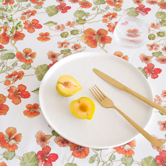 CoralBloom Studio Cotton Tablecloth Functional art Nasturtiums on white
