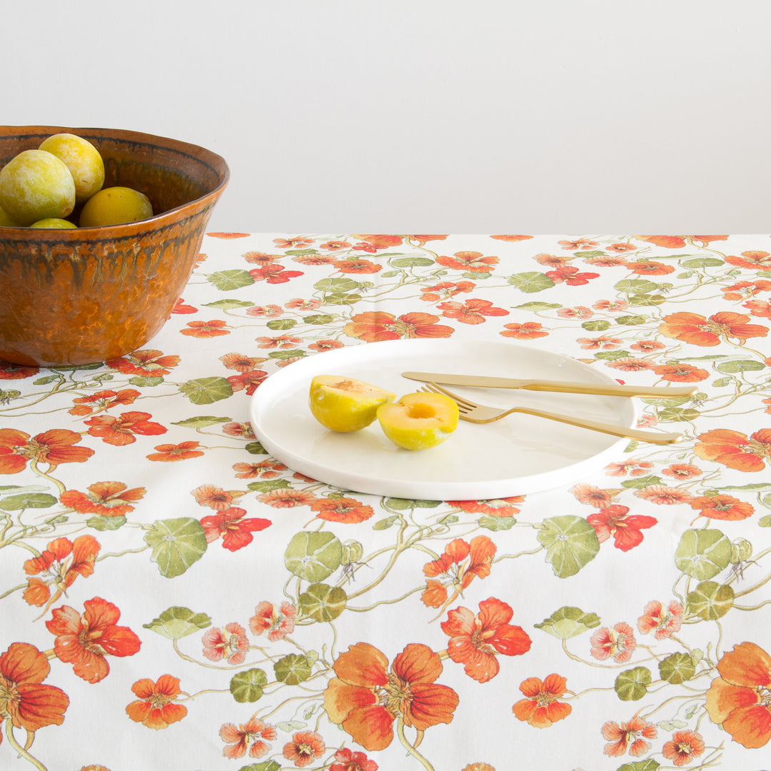 CoralBloom Studio Cotton Tablecloth Functional art Nasturtiums on white