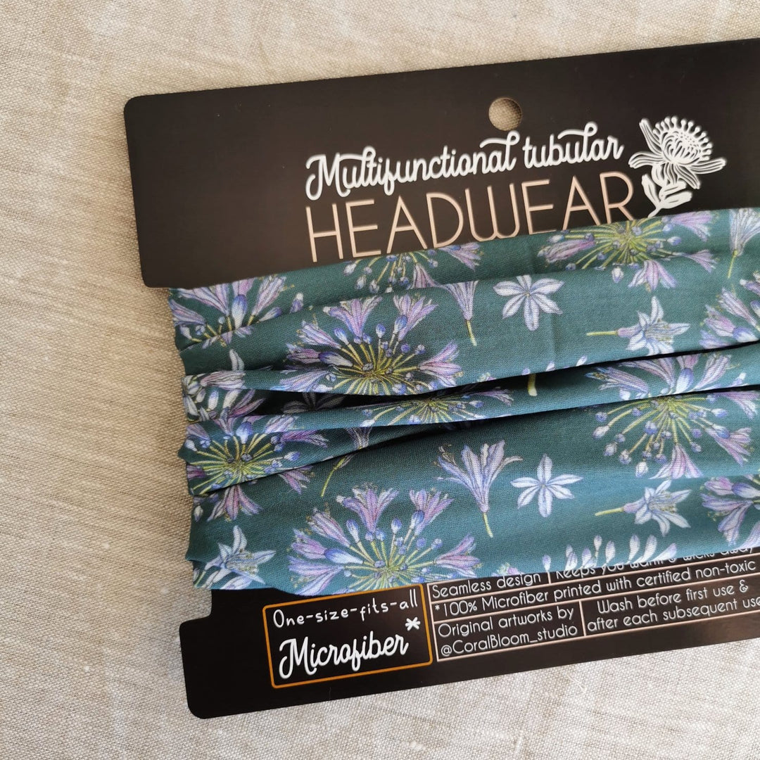 CoralBloom microfiber buff multifunctional tubular headwear agapanthus print on black