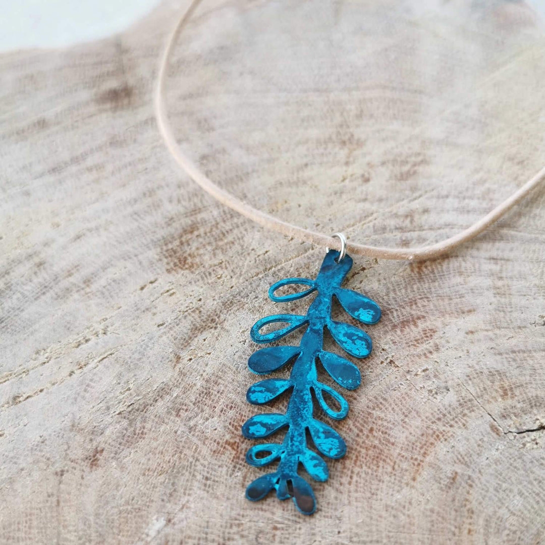 Blue Patina Filigree Copper Pendant