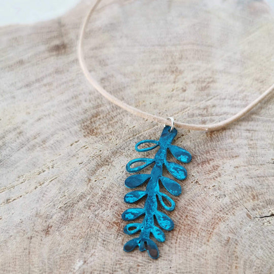 Blue Patina Filigree Copper Pendant