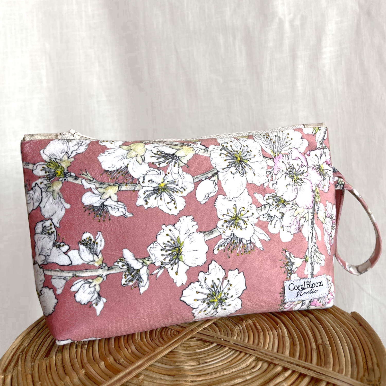 CoralBloom Studio Clutch Bag Accessories Blossoms on pink velvet