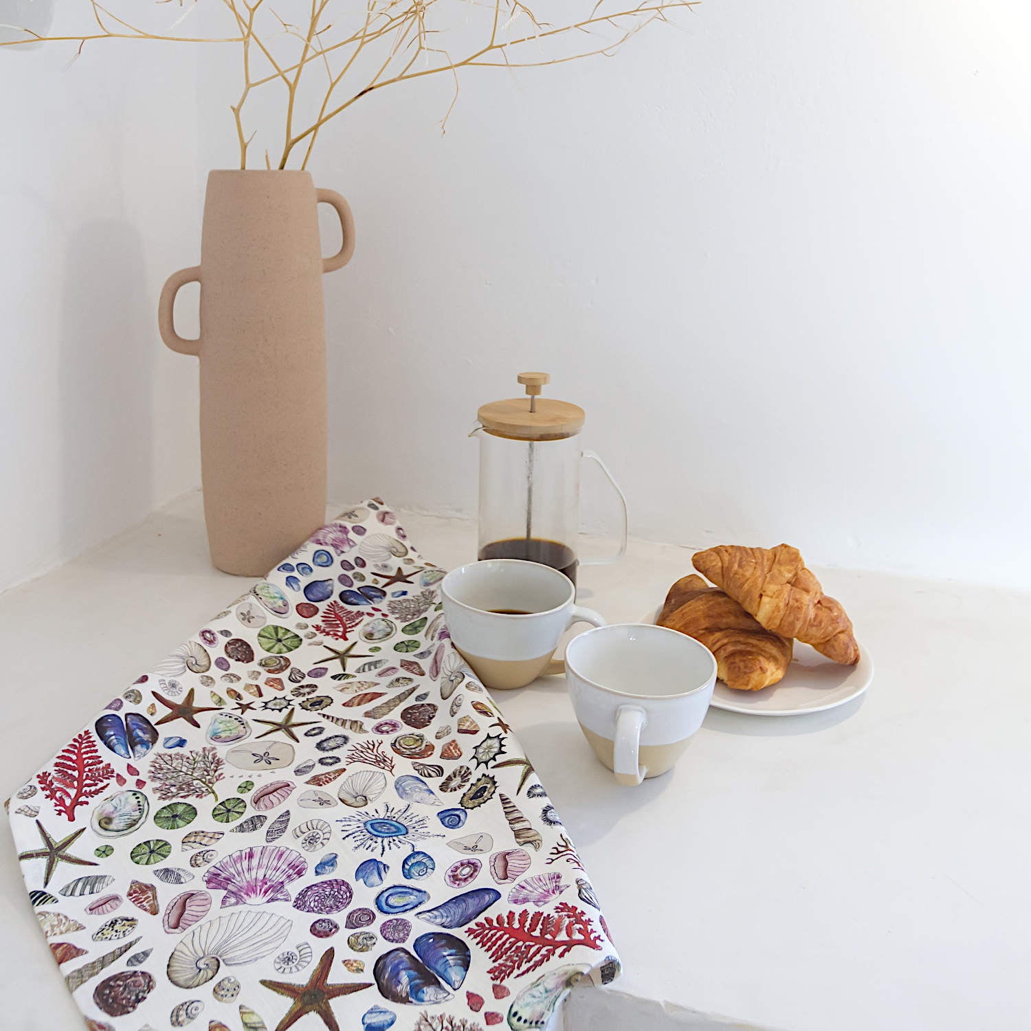 CoralBloom Studio seashells cotton tea towel