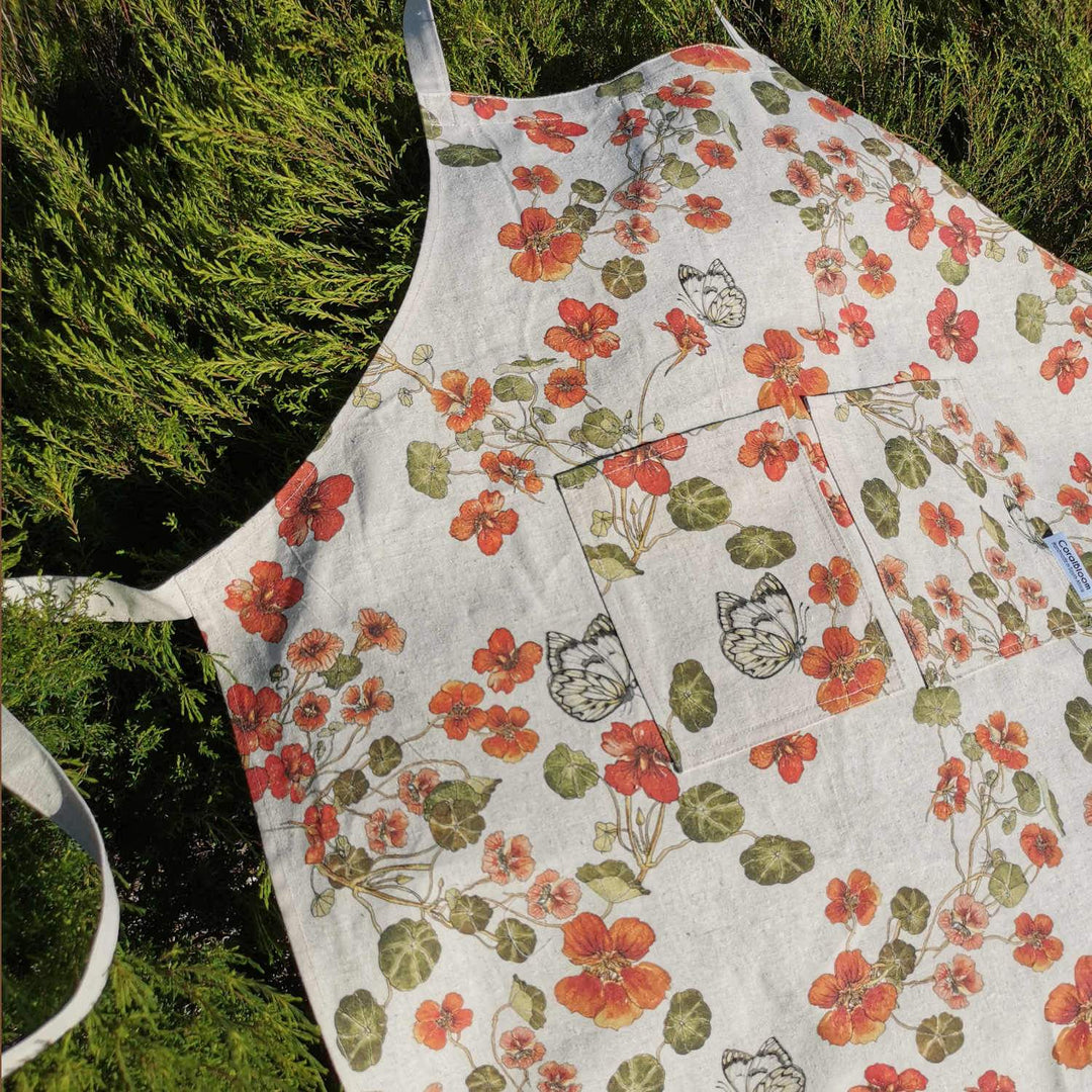 Buy CoralBloom hemp aprons online Nasturtiums and butterflies
