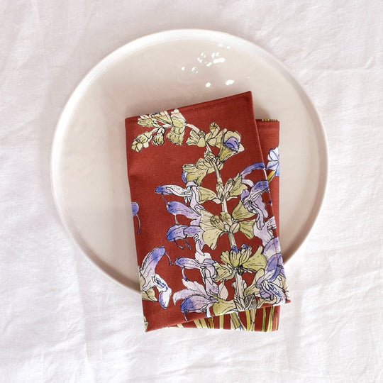CoralBloom cotton napkin sets printed with Agapanthus on golden green