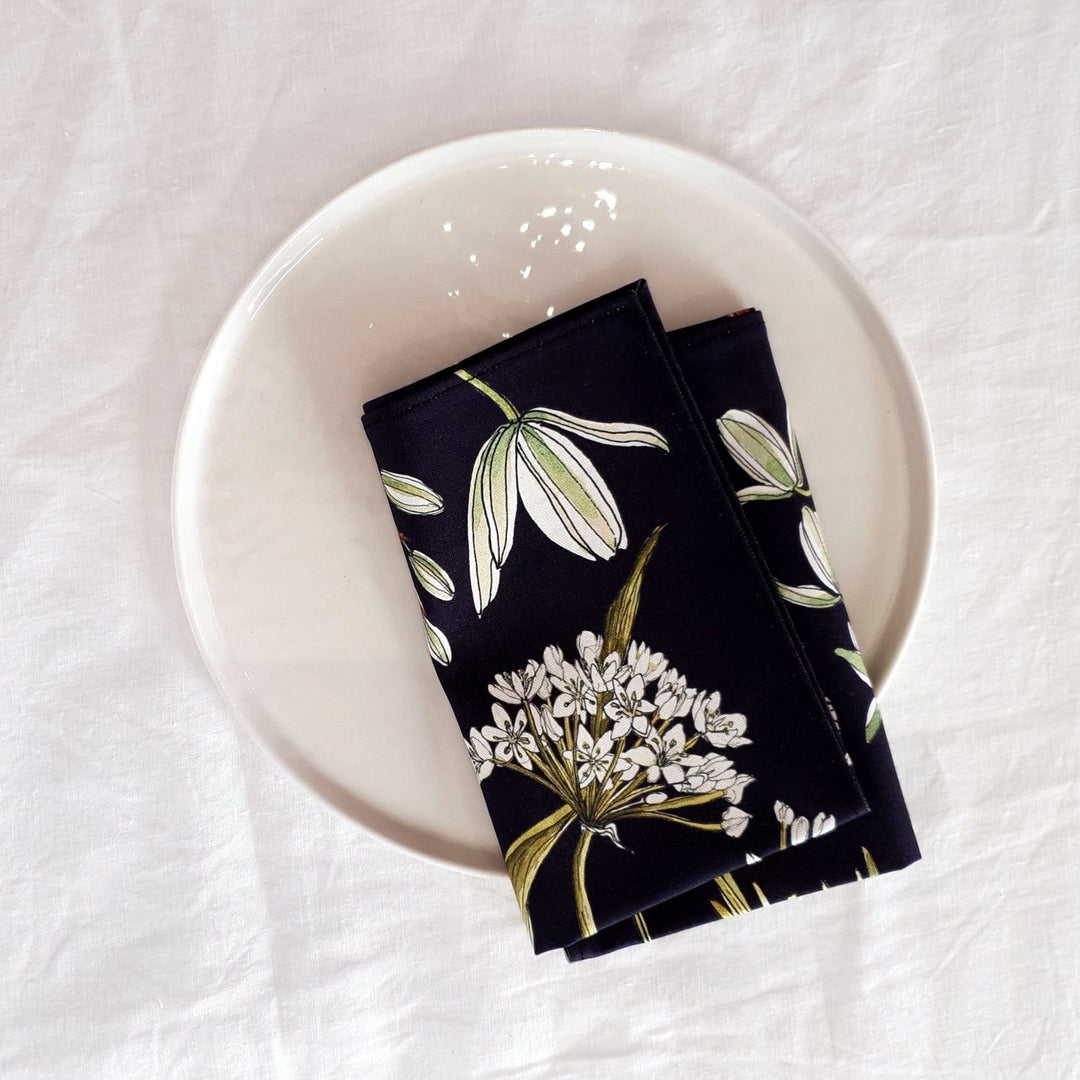 CoralBloom cotton napkin sets printed with greenery botanical on black