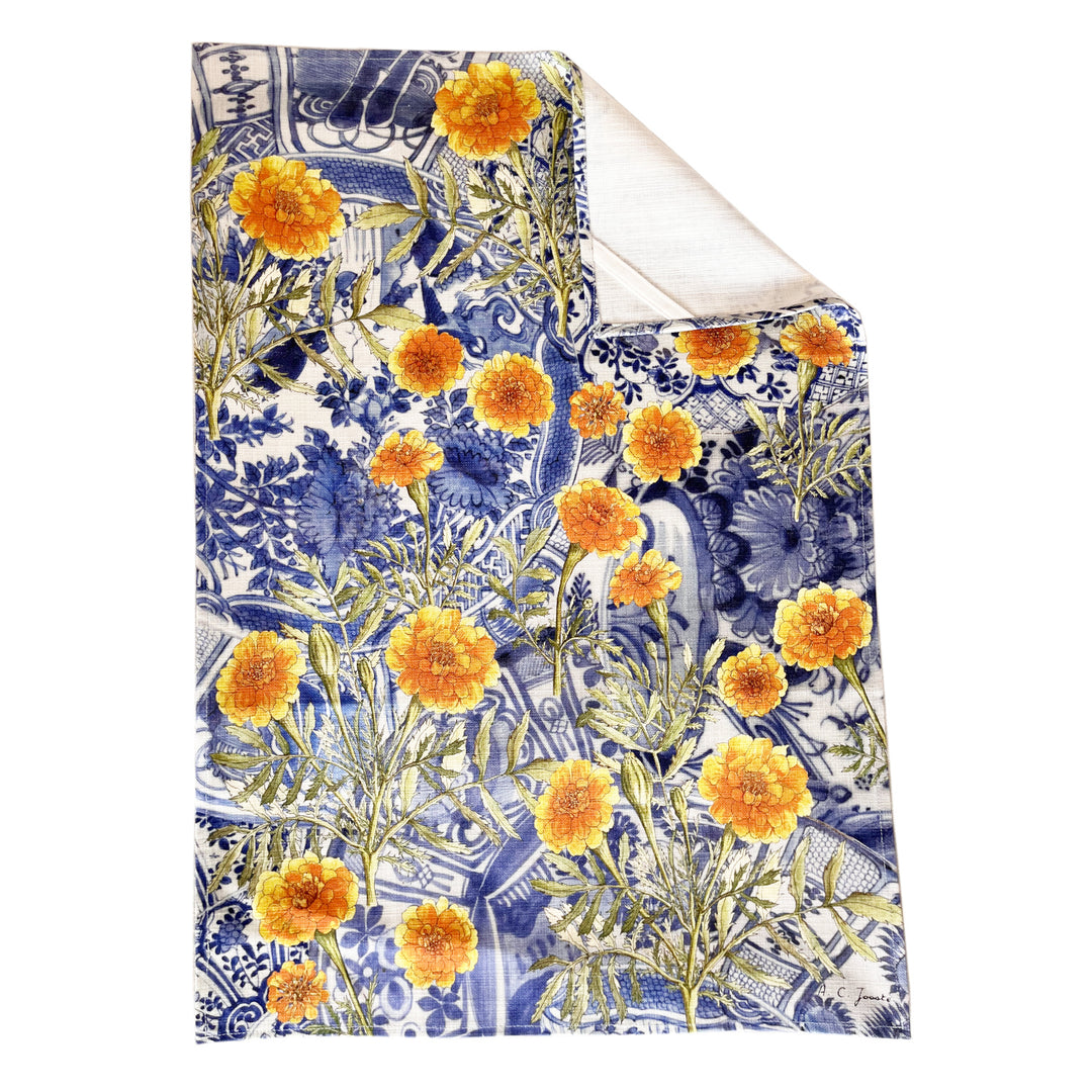 CoralBloom Studio Delft and marigolds tea towel