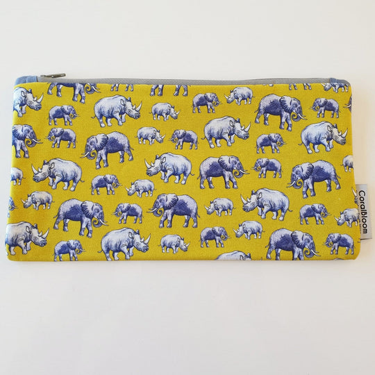CoralBloom cotton zip bag pencil case bag Elephant and Rhino