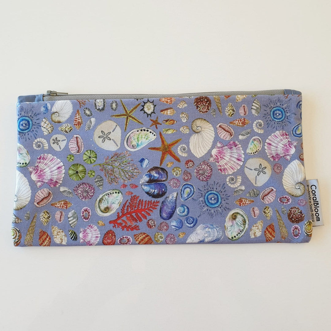 CoralBloom cotton zip bag pencil case bag Seashells on blue