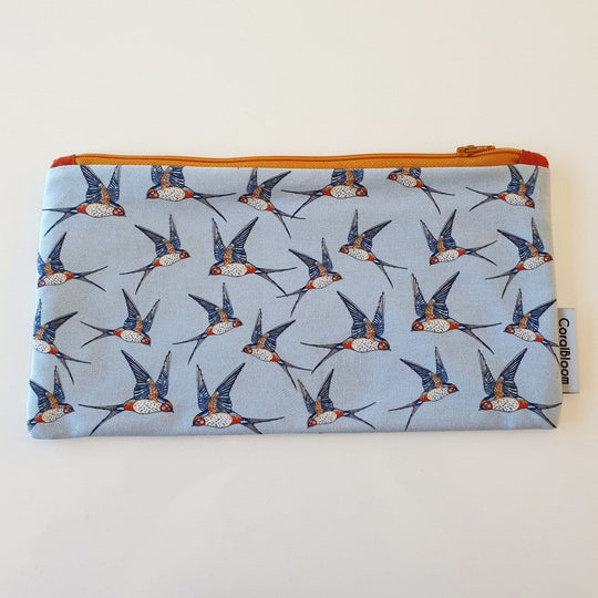 CoralBloom cotton zip bag pencil case bag Swallows on blue