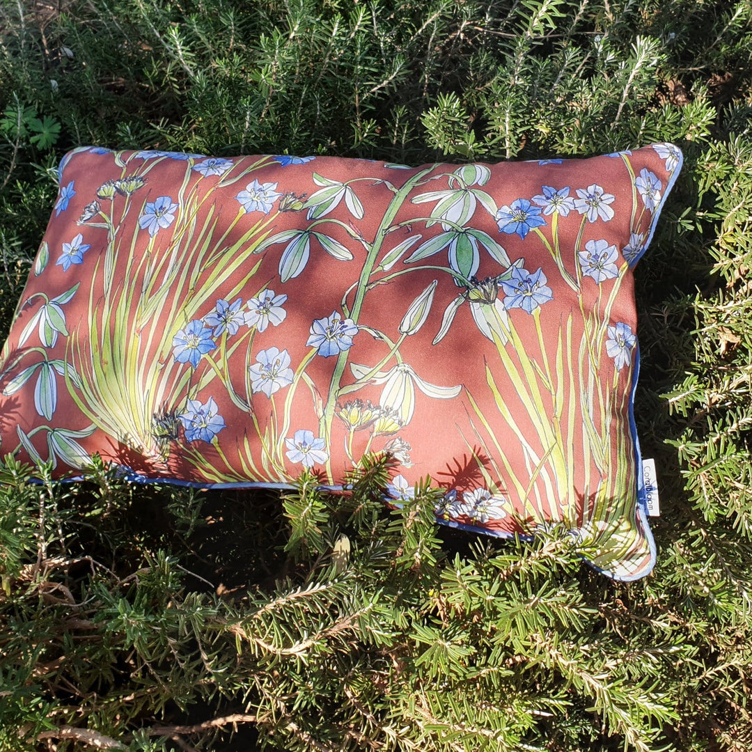 CoralBloom cotton scatter cushion cover printed with Aristea botanical art