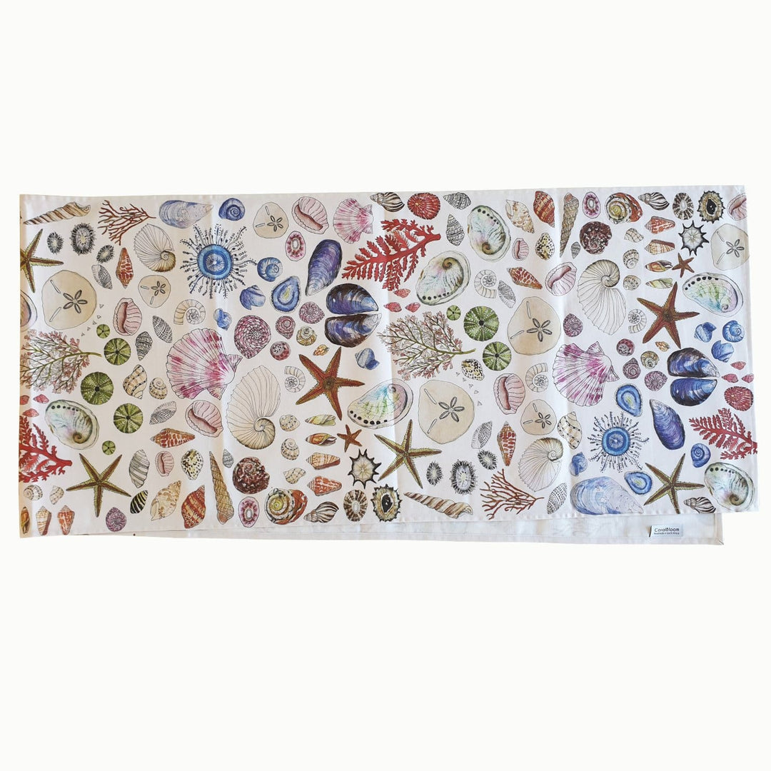 CoralBloom cotton table runner pattern for sale printed with seashells on white