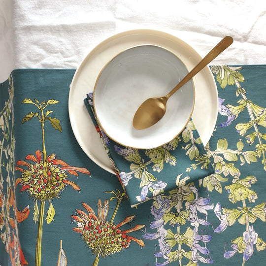 CoralBloom cotton table runner printed with wild Salvia on blue