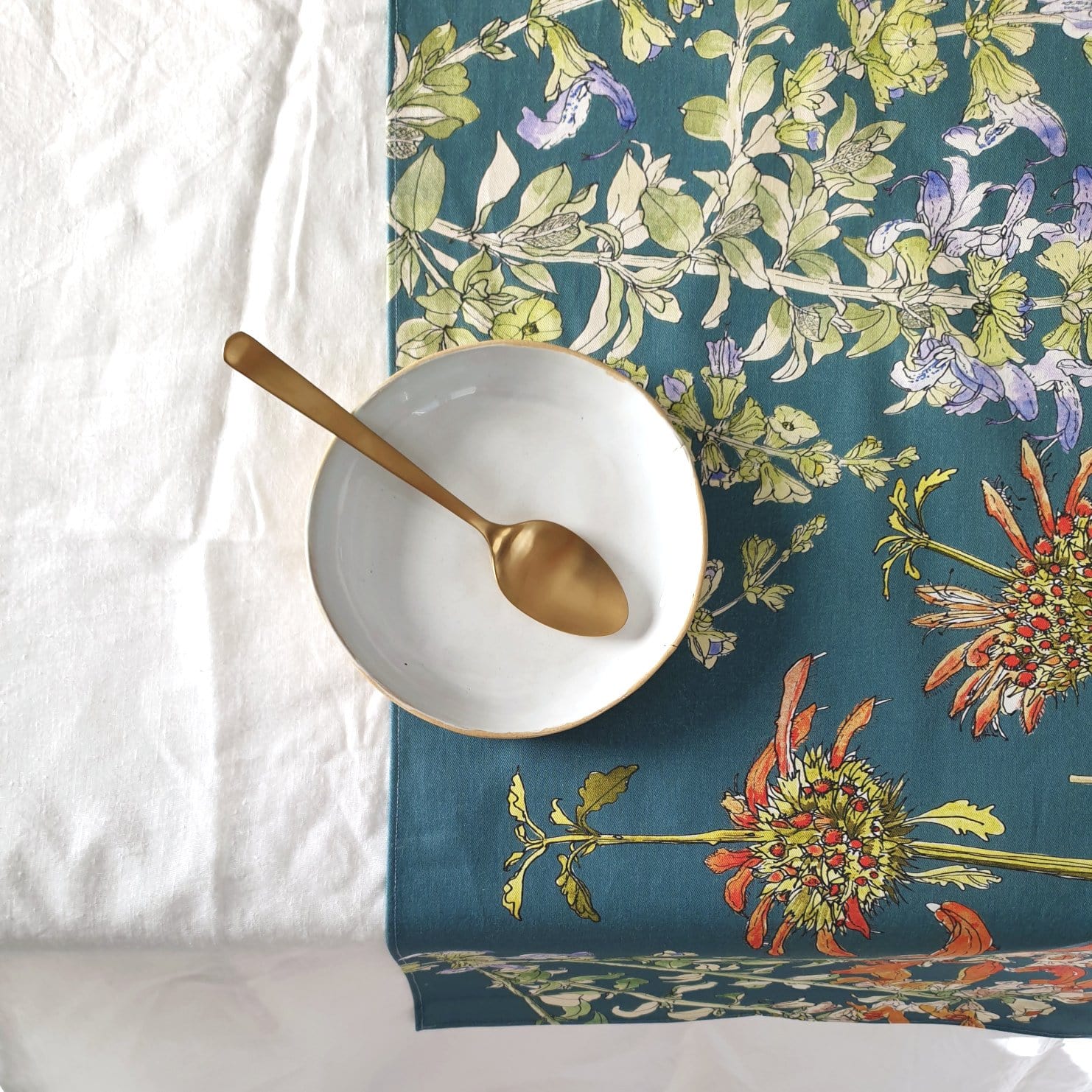 CoralBloom cotton table runner printed with wild Salvia on blue