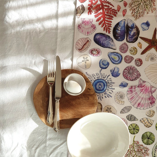 Buy CoralBloom cotton table runner online printed with seashells on white