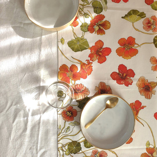 Buy CoralBloom cotton table runner patterns printed with wild nasturtiums on white